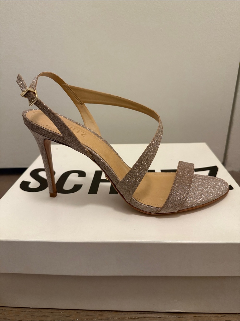 SCHUTZ Rose Gold Glitter Strappy Stiletto Sandals